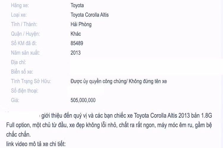 Đơn cử chiếc Toyota Corolla Altis phiên bản 1.8G đời 2013 này đã lăn bánh được 8 năm, đồng hồ ODO dừng lại ở mức hơn 85.000km, hiện được người bán tự tin chào với giá 505 triệu đồng. Ở thời điểm năm 2013, Corolla Altis phiên bản 1.8G (CVT) có giá bán 799 triệu đồng. Tạm tính sau thời gian 8 năm, mỗi năm chủ xe Corolla Altis chỉ chịu “lỗ” khoảng 36 triệu đồng.