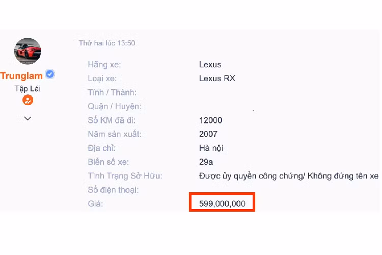 Theo thông tin rao bán trên sàn xe cũ, chiếc crossover hạng sang Lexus RX350 đời 2007 này đang được chào bán với mức giá “thách cưới” 599 triệu đồng, ngoại thất xe trong tình trạng khá mới. Nhìn chung, mức giá xe Lexus RX 350 2007 gần 15 năm tuổi này còn rẻ hơn việc “đập hộp” và lăn bánh những chiếc CUV hạng B trên thị trường như Hyundai Kona (từ 636 triệu đồng) hay Kia Seltos (từ 629 triệu đồng).