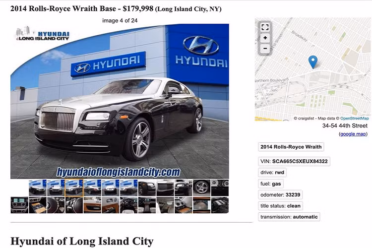 Việc những chiếc xe siêu sang Rolls-Royce Wraith được rao bán thông qua những trang web trực tuyến đã không còn là chuyện lạ. Tuy nhiên, chiếc Rolls-Royce Wraith hiện đang được rao bán trên trang Craigslist của Mỹ dưới đây lại khiến nhiều người tò mò. Nguyên nhân là do chiếc xe siêu sang này được một đại lý ôtô Hyundai rao bán.