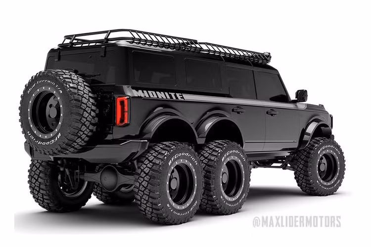 Về phần bản độ Ford Bronco 6x6 từ Maxlider Brothers Customs, mẫu xe này vẫn mang đúng thiết kế ban đầu từ nhà sản xuất nhưng bộ body-kit bên ngoài đã được thay đổi với phong cách hầm hố, hoang dã và cá tính hơn. Bộ cản dưới trước/sau nguyên bản đã bị loại bỏ để nhường chỗ cho các tấm ốp kim loại sơn đen mới, lốp xe loại địa hình chuyên dụng hay dàn đèn trợ sáng trên nóc...