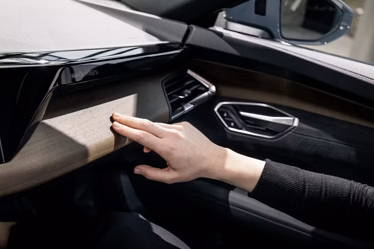 Bên trong, Audi e-tron GT có tùy chọn nội thất không sử dụng da, thay vào đó là các vật liệu tái chế. Điển hình là bộ ghế có tùy chọn bằng vật liệu PET, tái chế từ các vỏ chai nhựa.