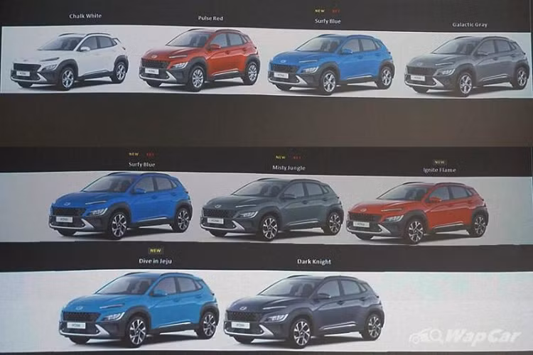 Bản Active có 5 tùy chọn màu gồm xanh lam Surfy Blue, đỏ Ignite Flame, xám Misty Jungle, đen Dark Knight và xanh dương Dive in Jeju. Mức giá xe Hyundai Kona 2021 tại Malaysia từ 119.888 RM (khoảng 670 triệu đồng), rẻ hơn 4.000 RM (khoảng 22 triệu đồng) so với bản cũ. Dự tính xe sẽ sớm về Việt Nam trong năm nay.