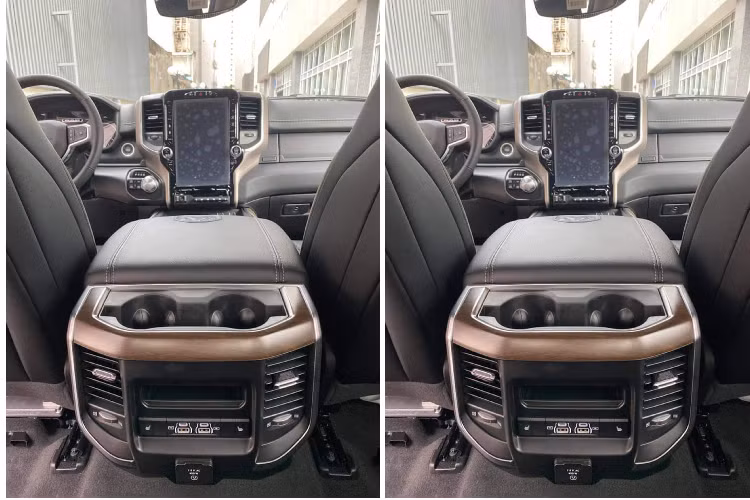 Nội thất của Ram 1500 được trang trang bị nhiều “đồ chơi” tiện nghi hiện đại đầy hấp dẫn trong phân khúc. Bảng táp-lô xe nổi bật với màn hình giải trí đặt dọc kích thước 12 inch cỡ lớn sử dụng hệ thống giải trí Uconnect tiên tiến của tập đoàn FCA, ghế ngồi bọc da, chỉnh điện nhở vị trí, trang bị điều hoà tự động, nhiều cổng kết nối USB và hơn thế nữa.