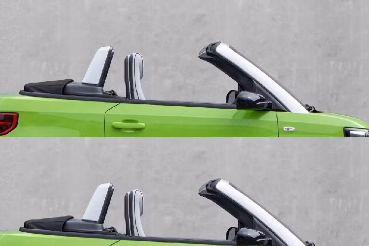 Trên đầu xe, Wuling Hongguang Mini EV Convertible cũng được trang bị cụm đèn pha vuông vắn, nối với nhau bằng nẹp màu đen ở giữa. Tuy nhiên, tạo hình bên trong đèn pha của xe lại không giống Wuling Hongguang Mini EV mui cứng. Tuy nhiên, Wuling Hongguang Mini EV Convertible lại được trang bị nẹp màu trắng mới trên cản trước, tích hợp đèn sương mù. Tương tự như vậy, bộ vành bên sườn của xe cũng có thiết kế không giống Wuling Hongguang Mini EV.