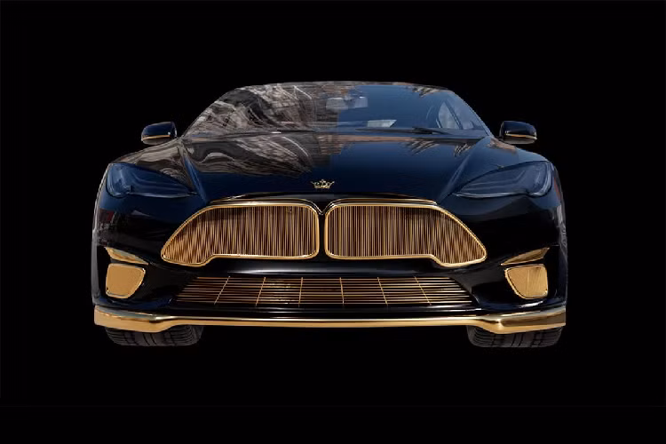 Đó là phiên bản Tesla Model S dát vàng với tên gọi Model Excellence 24K. Vàng 24 karat (999) được dát ở lưới tản nhiệt, viền cản trước, ốp gương hậu, ốp sườn, tay nắm cửa, bộ khuếch tán sau, nắp cốp, mâm xe.