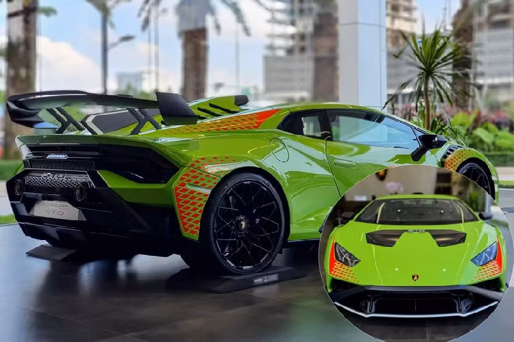 Khác với 2 chiếc đã về trước, Lamborghini Huracan STO chính hãng thứ 3 tại Campuchia sở hữu ngoại thất màu xanh lá cây tươi sáng, kết hợp với nhiều bộ phận làm từ sợi carbon hoặc sơn đen nhám thể thao. 