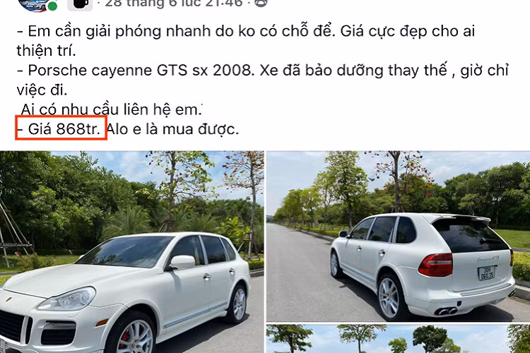 Chính vì thế, lựa chọn xe cũ để trải nghiệm là một gợi ý. Sau hơn 10 năm sử dụng, chiếc Porsche Cayenne phiên bản GTS 2008 này đang được chào bán với giá 868 triệu đồng, tầm giá tương đương với một chiếc Hyundai Tucson bản máy xăng Đặc Biệt. Theo người bán, xe đã được bảo dưỡng và thay thế nhiều phụ tùng (đến hạn) và đang trong tình trạng ổn định để sử dụng.