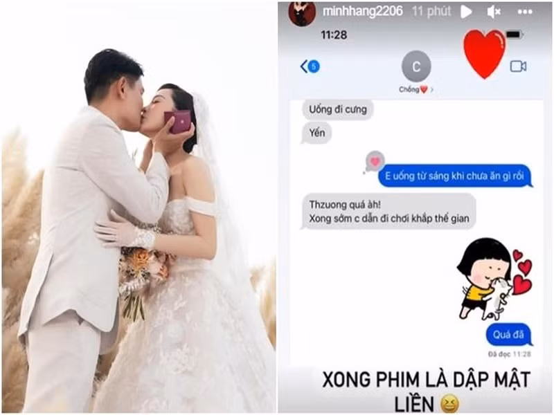 Mới đây, Minh Hằng khoe tin nhắn ngọt ngào giữa hai vợ chồng. Trong tin nhắn, ông xã nữ ca sĩ dặn dò vợ uống tổ yến để bồi bổ sức khỏe. Khi Minh Hằng đáp lại "Em uống từ sáng khi chưa ăn gì rồi", chồng Minh Hằng nhắn nhủ: "Thương quá à, xong sớm chồng dẫn đi chơi khắp thế gian".
