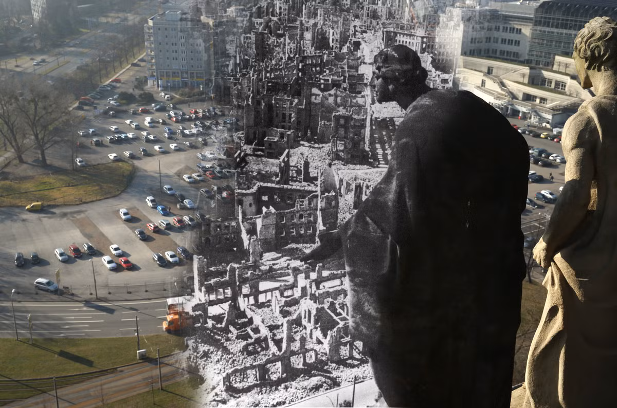 Ảnh chụp từ trên cao thành phố Dresden hoang tàn, đổ nát (ở giữa ảnh) ngày 13/2/1945. Cũng chụp tại nơi này, thành phố Dresden đã mang diện mạo mới. Ảnh chụp năm 2015.