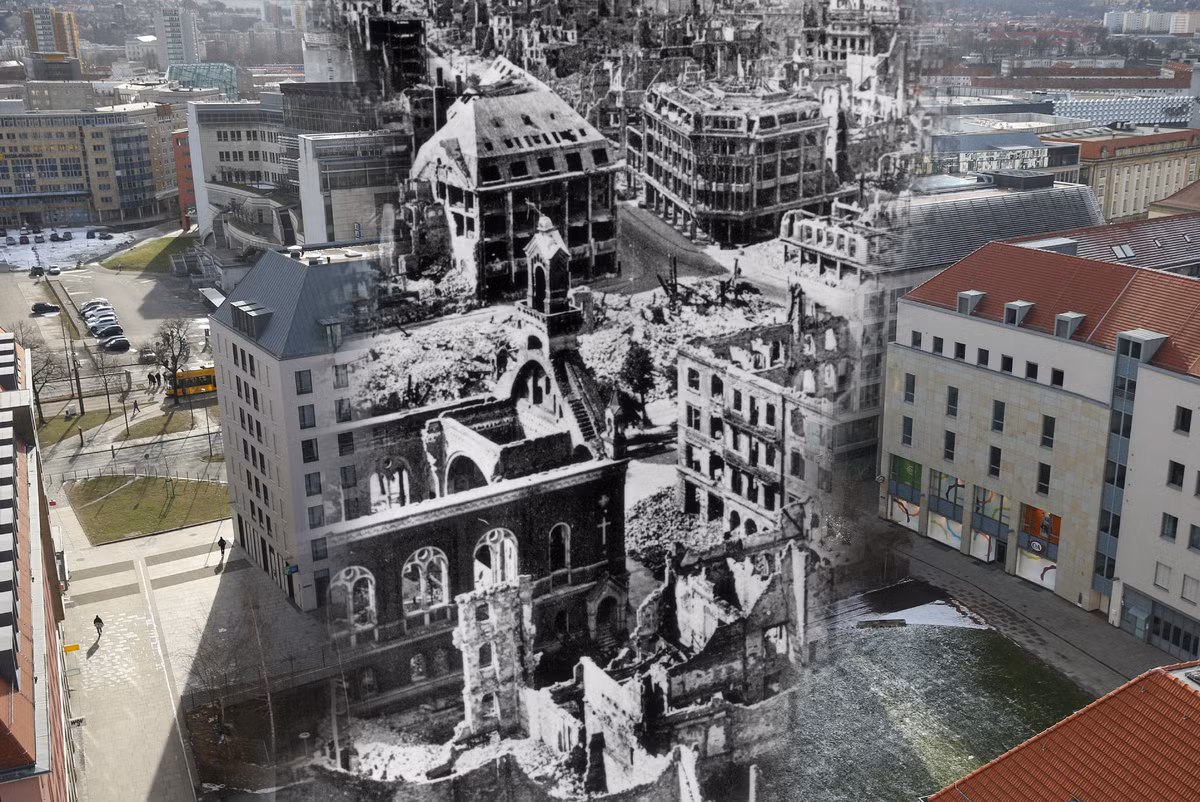 Nhiều công trình bị phá hủy hoàn toàn, trở thành đống đổ nát năm 1945. Hình ảnh Dresden đã thay đổi rất nhiều so với ảnh chụp năm 2015.