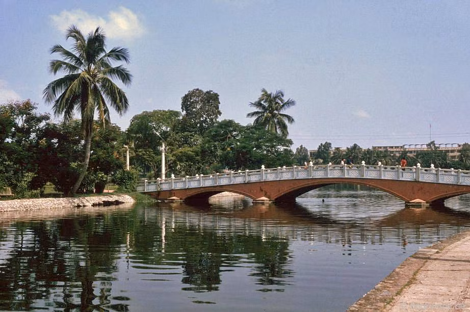 Cây cầu dẫn từ cổng công viên trên đường Lê Duẩn lên hòn đảo phía Tây của hồ Bảy Mẫu.