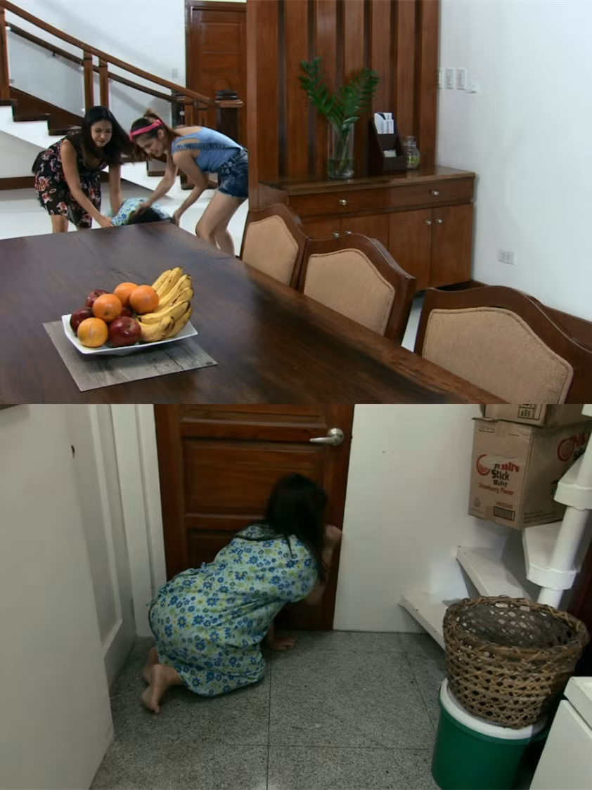 Kéo nhốt Angela vào phòng kín khiến cô sợ hãi.