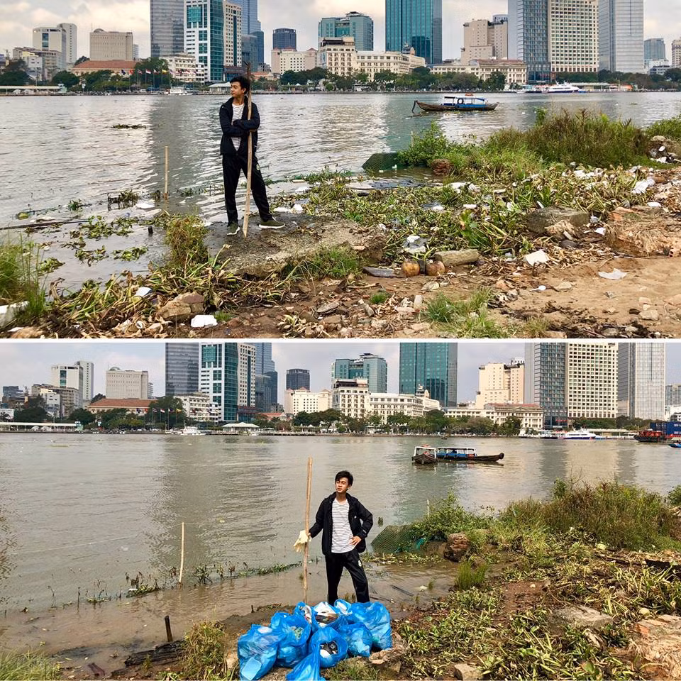 Trang giải trí nổi tiếng 9gag mới đây vừa đăng tải rất nhiều bức ảnh về các màn "Thử thách dọn rác" do các bạn trẻ Việt Nam thực hiện. Nổi bật trong đó là hình ảnh trước và sau khi dọn sạch bãi rác gần Cầu Ông Cậy, trên công viên Thủ Thiêm có hướng nhìn ra tòa Bitexco, TP HCM. Chủ nhân của bức ảnh này là bạn Đoàn Hoàng.