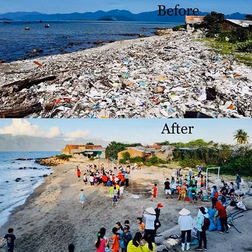 Bãi biển Vĩnh Lương, Nha Trang như "lột xác" sau khi được hơn 300 tình nguyện viên, từ học sinh, sinh viên, công chức nhà nước đến khách du lịch chung tay dọn dẹp. Ảnh: Giang Thị Kim Yến.