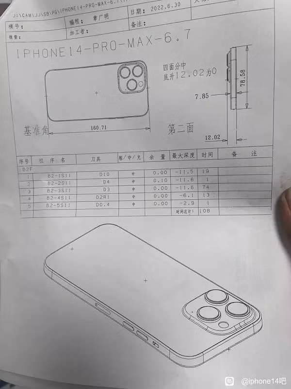 Bản thiết kế này được @ShrimpApplePro - người chuyên chia sẻ các rò rỉ liên quan đến Apple, đăng trên Twitter. Các kích thước được in rõ ràng và cho thấy sản phẩm có độ dày tăng lên một chút so với iPhone 13 Pro Max.