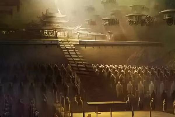 Hố chôn chiến binh đất nung và hố chôn ngựa nằm ở phía đông của lăng. Năm 1974, bốn hố chôn đã được khai quật với tổng diện tích hơn 25.000 mét vuông. Tính đến năm 1974, chỉ một vài đường hầm dẫn vào "nội thành" của ngôi mộ được khai quật.