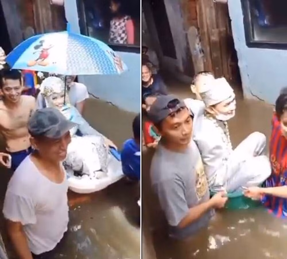 Vừa qua, một tài khoản Twitter người Indonesia đã đăng tải lên trang cá nhân của mình video về một đám cưới đặc biệt trong ngày mưa lũ ở Thủ đô Jakarta. Theo đó, cô dâu chú rể đã sử dụng chậu tắm em bé làm phương tiện rước dâu để tránh nước lũ.