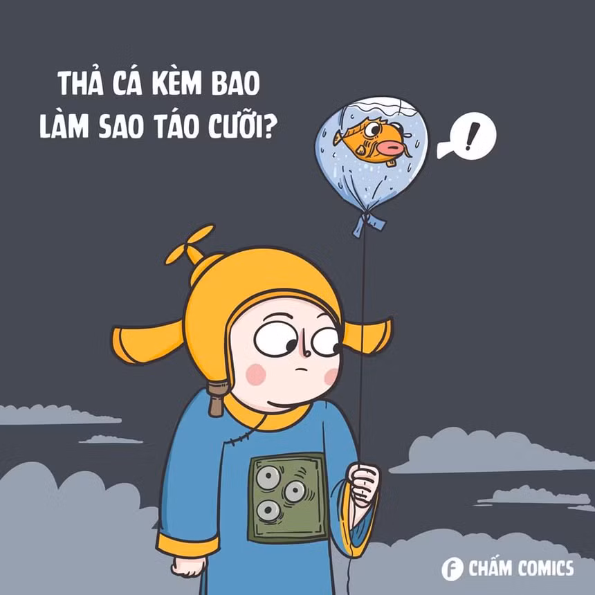 Mặc nỗ lực tuyên truyền, nhiều người dân vẫn vứt cả túi nylon chứa cá chép xuống sông. Ảnh: Chấm Comics