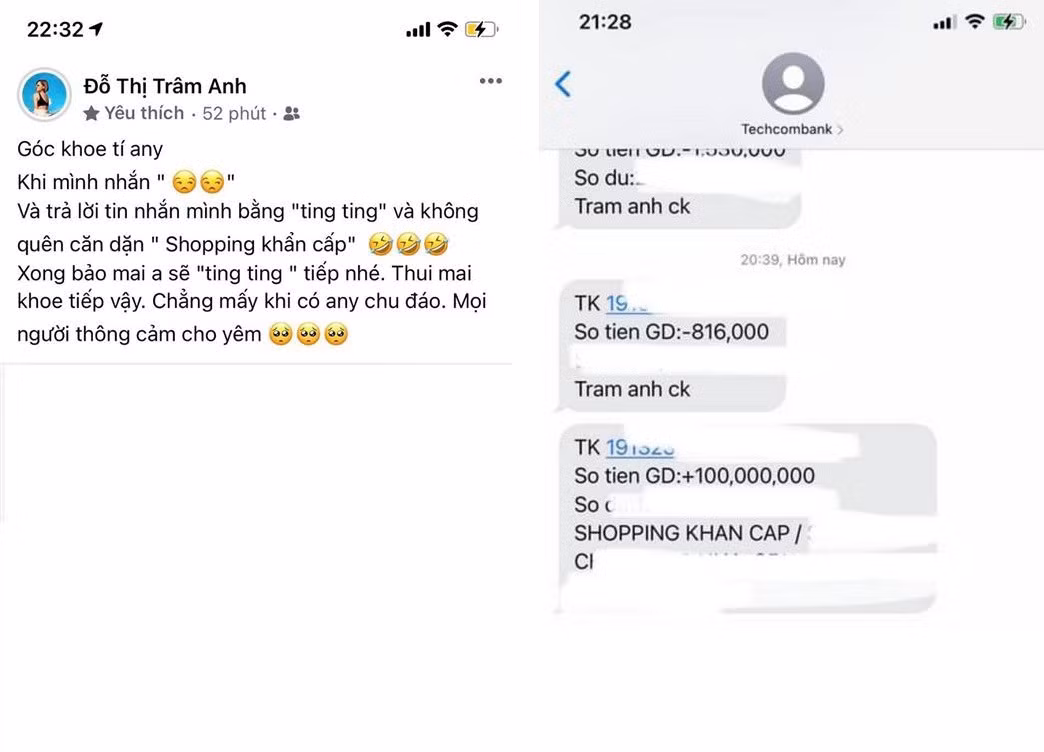 Ngoài ra, Trâm Anh cũng từng tiết lộ người chuyển tiền cho cô chính là bạn trai, đó là ảnh chụp màn hình tài khoản vừa nhận được 100 triệu với nội "shopping khẩn cấp" từ người gửi.