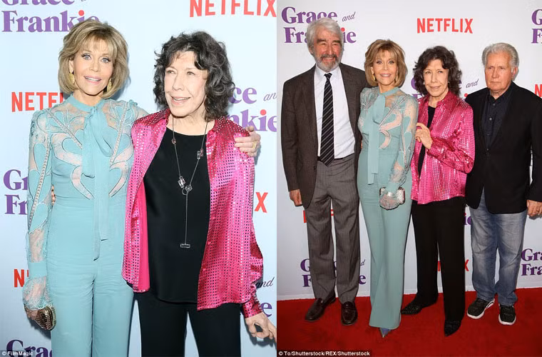 Bộ pantsuit đẹp mắt màu xanh ngọc khiến Jane Fonda trẻ hơn tuổi thực hàng chục tuổi. Đây được khen là một trong những trang phục đẹp nhất của Jane Fonda. (Ảnh: FilmMagic, Rex)