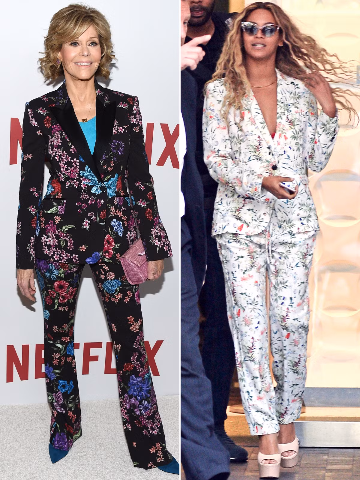 Jane Fonda và Beyonce cùng chung sở thích mặc cả bộ vest hoa nhưng Jane đã đi trước Beyonce cả tháng trong lựa chọn. (Ảnh: WireImage)