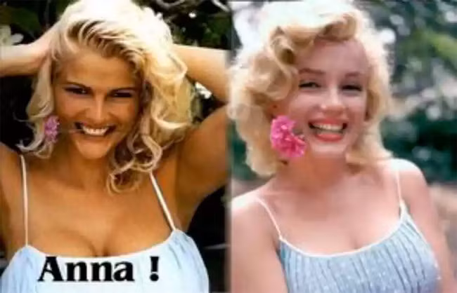 Cố người mẫu Playboy Anna Nicole Smith ngậm hoa và cười tươi, tạo dáng giống Marilyn Monroe trong một shoot ảnh trong chiến dịch quảng cáo của Guess.