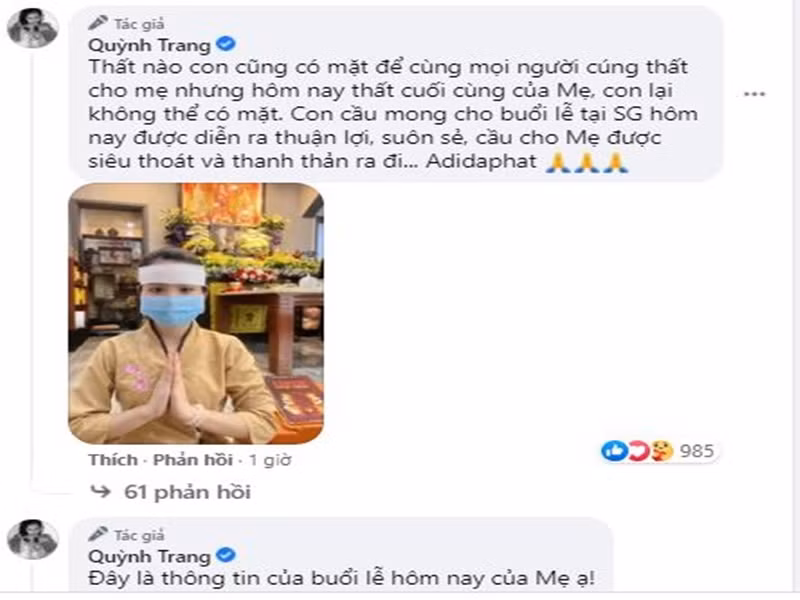 Quỳnh Trang không thể dự lễ 49 ngày của mẹ nuôi tại Sài Gòn. Ảnh chụp màn hình