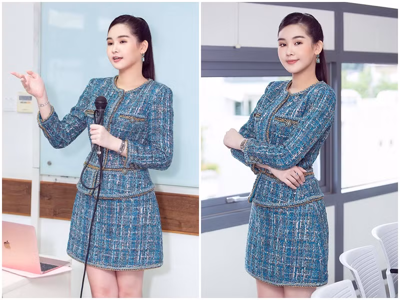 Ngân Anh lựa chọn phong cách thanh lịch, sang trọng khi đi dạy. Ảnh: FB Ngân Anh