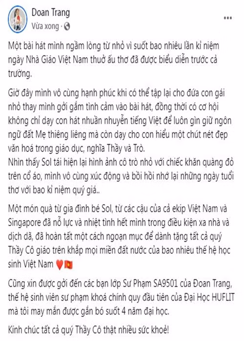 Từ Singapore, Đoan Trang cùng con gái dành tặng các thầy cô giáo MV “Bụi phấn”.
