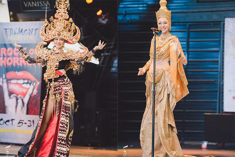Trong top 10 trang phục dân tộc đẹp nhất cuộc thi Hoa hậu Hòa bình Quốc tế 2016, vị trí đầu tiên và thứ 2 lần lượt thuộc về đại diện của Indonesia (trái) và Thái Lan. (Ảnh: Miss Grand International) 