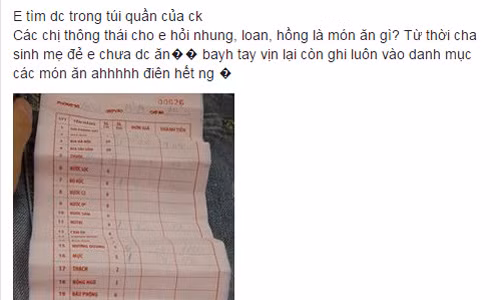 Ba món ăn “lạ đời” tên Nhung, Loan, Hồng trên hóa đơn trong túi chồng Ba mon an “la doi” ten Nhung, Loan, Hong tren hoa don trong tui chong