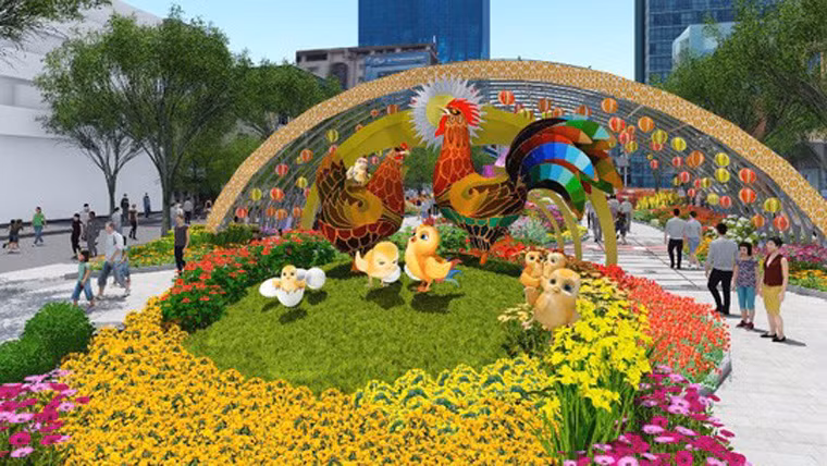 Đường hoa được bắt đầu từ phân đoạn “Mùa xuân trên Thành phố mang tên Bác” (giao lộ Lê Lợi - Nguyễn Huệ) là cổng Đường hoa với đại cảnh “Xuân sum họp” khắc họa hình ảnh gia đình gà đầm ấm, sung túc, sum vầy.