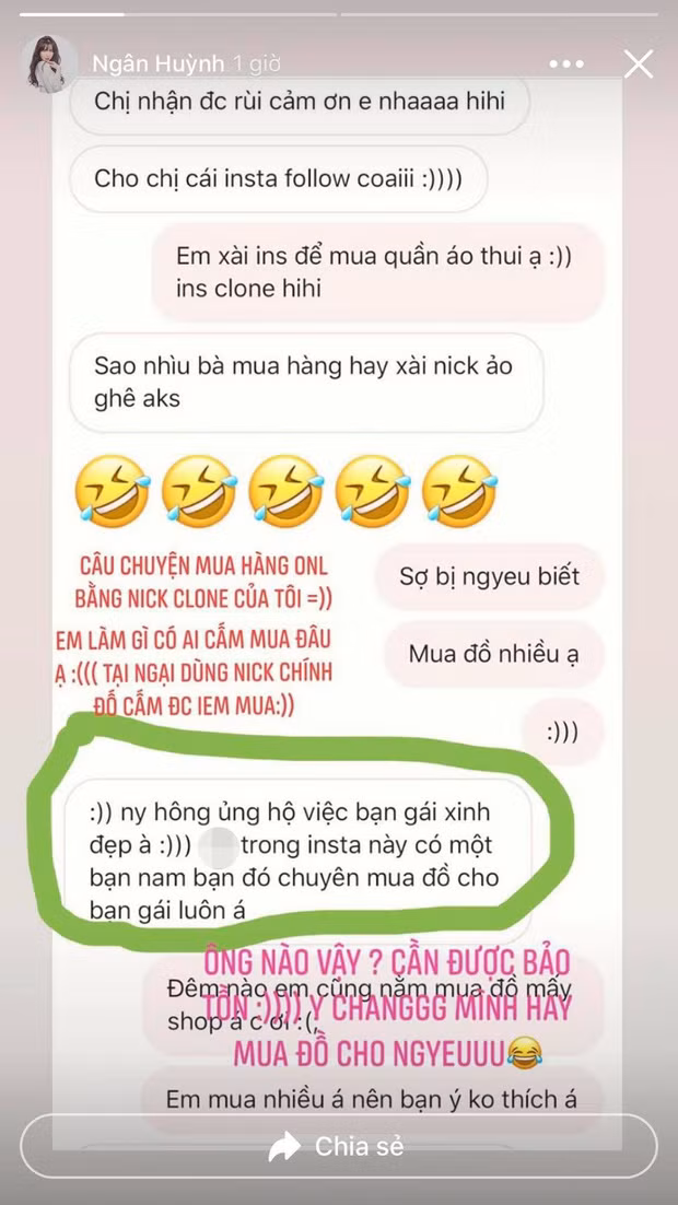 Theo đó cô nàng giải thích với người bán hàng rằng mình dùng Instagram ảo đi mua quần áo vì “sợ bị người yêu biết mua đồ nhiều” và đêm nào cũng nằm mua đồ từ mấy shop lận nên “bạn ý không thích”.