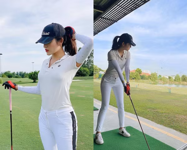 Hoa hậu Huyền My lại lựa chọn quần dài để chơi golf.