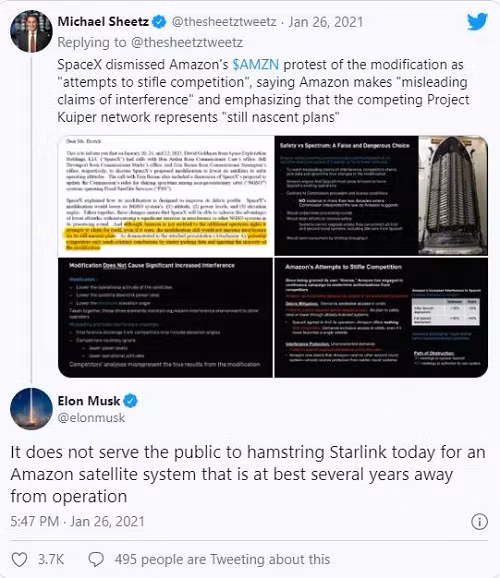 Amazon của Jeff Bezos nằm trong số các công ty phản đối yêu cầu của SpaceX, với lý do rằng việc sửa đổi sẽ ảnh hưởng đến các vệ tinh khác. Đáp trả, Elon Musk đã viết một dòng tweet.