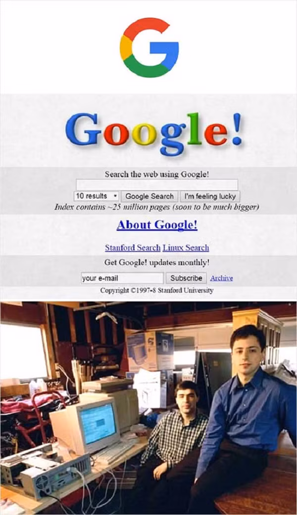 Google có nguồn gốc từ "BackRub", một dự án nghiên cứu được bắt đầu vào năm 1996 bởi Larry Page và Sergey Brin khi cả hai đều là nghiên cứu sinh tại Đại học Stanford ở Stanford, California. Dự án ban đầu cũng có sự tham gia của "người sáng lập thứ ba" không chính thức, Scott Hassan, lập trình viên chính, người đã viết nhiều mã cho công cụ Tìm kiếm Google ban đầu, nhưng đã rời đi trước khi Google chính thức được thành lập như một công ty.