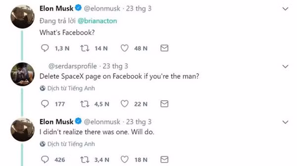 Trong bài đăng kêu gọi xóa Facebook (#DeleteFacebook) của đồng sáng lập WhatsApp Brian Acton, Musk trả lời rằng "Facebook là gì?". Khi được hỏi liệu có xóa fanpage của SpaceX hay không, Musk nói "Tôi còn chẳng nhận ra là có (fanpage). Sẽ xóa thôi".
