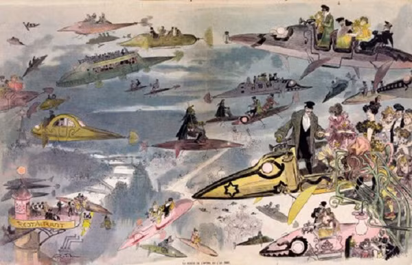 Họa sĩ Albert Robida vào năm 1882 đã tưởng tượng những thiết bị bay công cộng và cá nhân sẽ trở nên phổ biến trên bầu trời thế giới năm 2000.