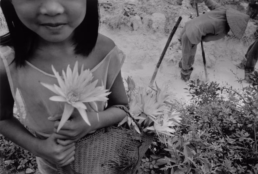 Một em bé mang theo đóa hoa đến công trường xây dựng. Sau lưng em, các thợ xây đang trộn vôi vữa. Ảnh: Larry Towell - Magnumphotos.com