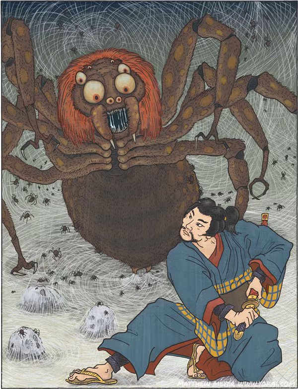 Jorogumo dùng nhan sắc và tài thổi sáo để mê hoặc đàn ông. Sau khi dụ được nạn nhân vào hang ổ, nữ yêu tinh sẽ hiện nguyên hình, để lộ những đôi chân lông lá gớm ghiếc bên dưới dải lụa hồng.