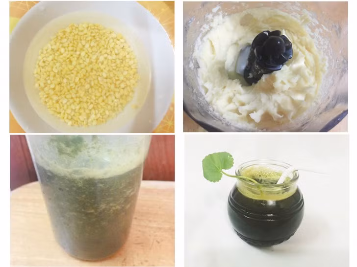 Đậu xanh: Ngâm với nước ấm 70 độ trong 2 tiếng, sau đó vớt ra, để ráo rồi đem vào luộc hoặc hấp chín, rửa sạch cối xay sinh tố, cho đậu xanh vào xay nhuyễn mịn.