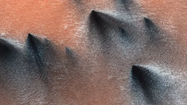 NASA mới công bố bức ảnh "nhện sao Hỏa" do tàu vũ trụ Mars Reconnaissance Orbiter (MRO) chụp tại hành tinh đỏ. Theo các chuyên gia, những vụ phun trào khí và bụi mùa xuân ở khu vực quanh cực Nam sao Hỏa đôi khi để lại những vệt bụi tỏa ra nhiều hướng bên trong lớp băng, giống như chân của những con nhện. Ảnh: NASA.