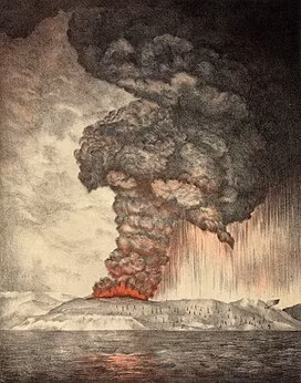 Vào năm 1883, một ngọn núi lửa trên đảo Krakatoa phun trào với sức mạnh gấp 13.000 lần một quả bom nguyên tử. Khoảng 36.000 người thiệt mạng trong thảm kịch kinh hoàng này. Đảo Krakatoa cũng chìm xuống đáy đại dương. Ảnh: wikipedia.