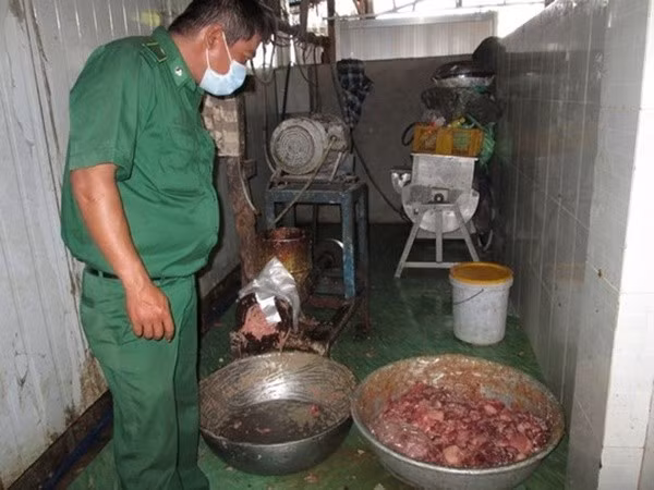 Gần 2,5 tấn thịt bò, nội tạng gia cầm và các chất phụ gia được chế biến trong điều kiện không đảm bảo vệ sinh, nền nhà dơ bẩn, nhớp nháp. Trong đó, có khoảng 1,5 tấn bò bẩn chuẩn bị bán ra thị trường cho các quán bán hủ tiếu, quán ăn bình dân. Ảnh: NLĐ.