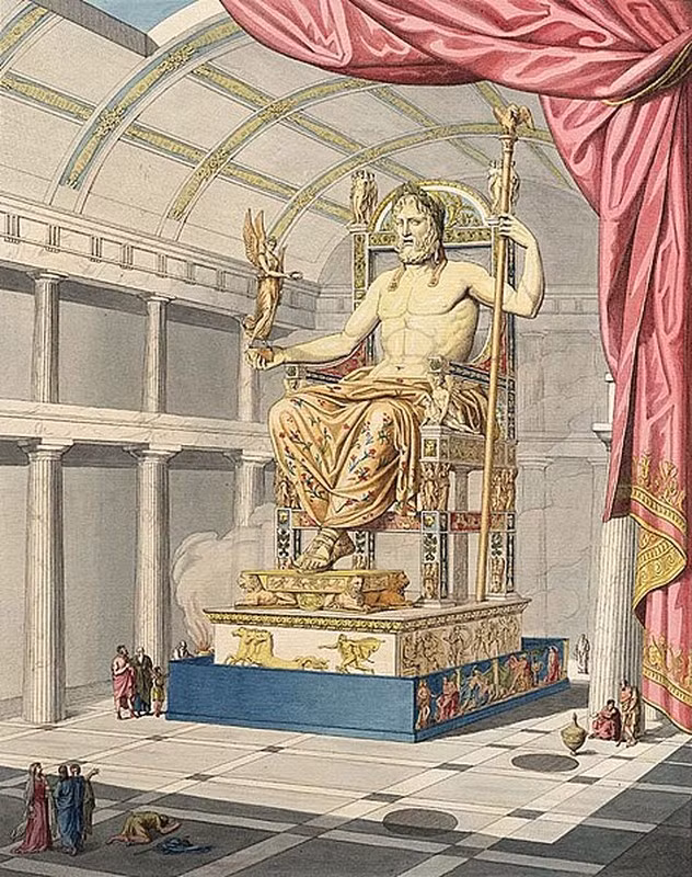 Tượng thần Zeus được chạm khắc vào thế kỷ thứ 5 trước Công nguyên bởi nhà điêu khắc người Hy Lạp nổi tiếng là Phidias. Với chiều cao gần 13 mét, tượng thần Zeus là một tác phẩm kiến trúc vĩ đại. Nó được tạo hình từ chất liệu chính là gỗ nguyên khối, sau đó được trang trí vàng, bạc và các loại đá quý.
