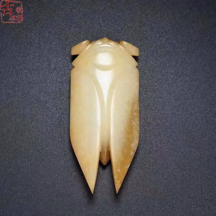 Miếng ngọc bội của cô gái có hình dạng một chú ve sầu vô cùng độc đáo.