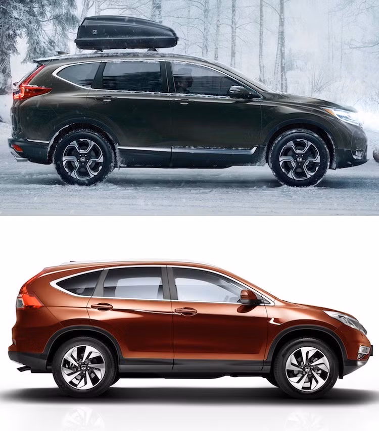 Ở hai bên thân xe, có thể thấy "phom" tổng thể của CR-V đã được giữ nguyên. Tuy nhiên khu vực cửa kính sau cột C của xe đã khác biệt hoàn toàn so với thế hệ cũ, đồng thời chiếc xe mới có thêm các đường dập nổi và nẹp chrome cao cấp hơn ở hai bên thân xe. Bộ mâm đúc 3 cánh kép 2 tông màu cũng là một nét đặc biệt của chiếc xe.