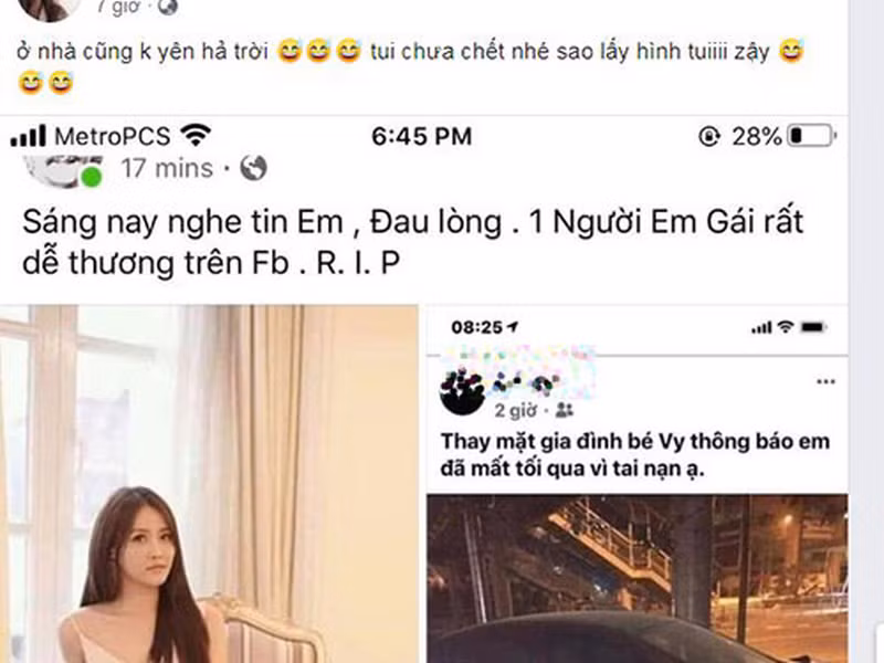 Người mẫu Trương Mỹ Nhân cũng tức giận vì bị một cư dân mạng lấy hình minh họa cho thông tin một cô gái qua đời. "Ở nhà cũng không yên. Tôi chưa chết nhé, sao lấy hình tôi vậy", gà cưng một thời của Vũ Khắc Tiệp cho hay.