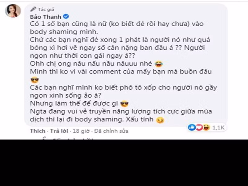 Trước một số bình luận kém duyên khác, Bảo Thanh cho rằng antifan xấu tính. Thư của "Về nhà đi con" chia sẻ, không có chuyện vừa đẻ xong thì vóc dáng sẽ trở lại thon gọn như hồi còn son rỗi. "Các bạn nghĩ mình không biết photoshop cho gầy ngon xinh, sống ảo à? Nhưng làm thế để được gì", Bảo Thanh viết.