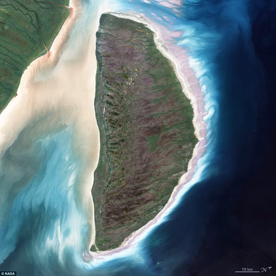 'D': Một hòn đảo hình dạng chữ D rõ ràng hiện giữa biển khơi, ghi lại từ Vệ tinh Landsat 7 tại đảo Akimiski ở vịnh James vào 9/8/2000.